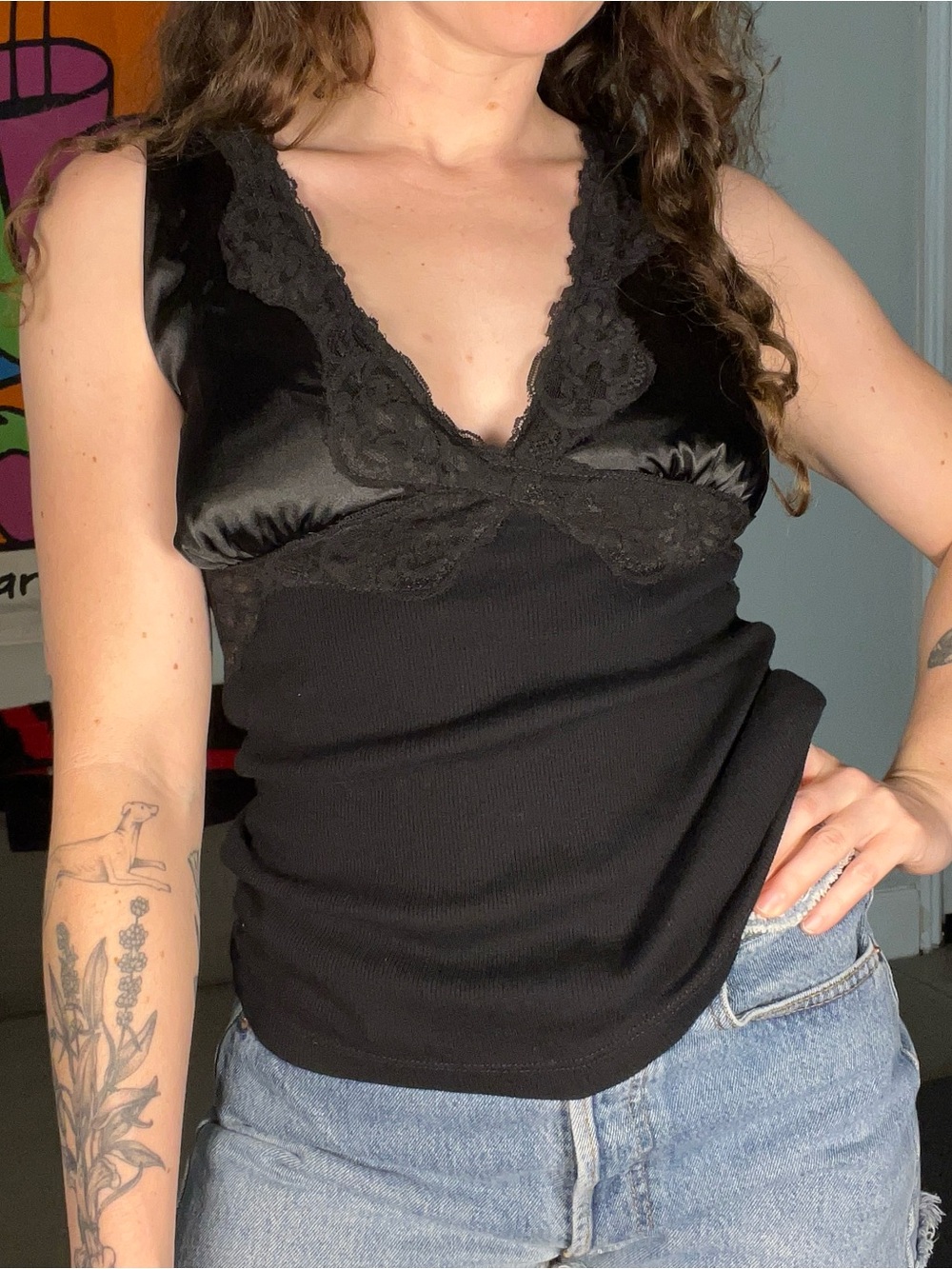 Cherish Y2K Black Tank Top Size Small Satin Bodice Lace Trim